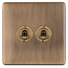 Screwless Antique Brass Toggle Light Switch - 2 Gang 2 Way Double 