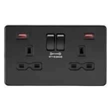 Screwless Matt Black Double Socket with Fastcharge USB Charger - 2 Gang 2 X Type A USB