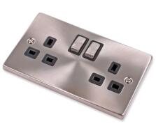 Satin Chrome Double Socket - 2 Gang Switched