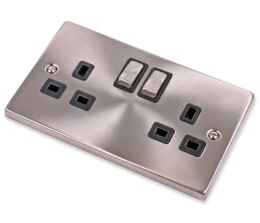 Satin Chrome Double Socket - 2 Gang Switched - With Black Interior  