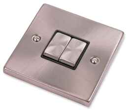 Satin Chrome Light Switch - Double 2 Gang Twin - With Black Interior