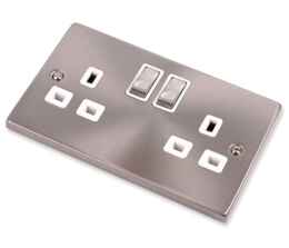 Satin Chrome Double Socket - 2 Gang Switched - With White Interior 