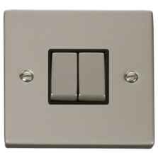 Pearl Nickel Light Switch - Double 2 Gang Twin - With Black Interior