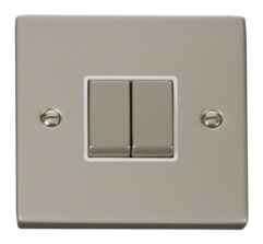 Pearl Nickel Light Switch - Double 2 Gang Twin - With White Interior