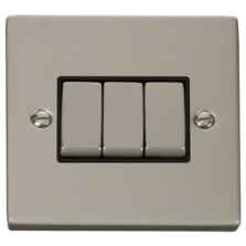 Pearl Nickel Light Switch - Triple 3 Gang 2 Way - With Black Interior