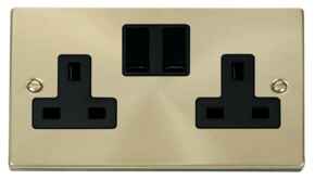 Satin Brass Double Socket - 2 Gang Twin Switched - With Black Interior