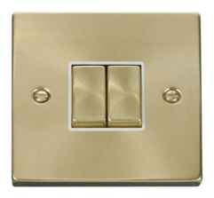 Satin Brass Light Switch - Double 2 Gang Twin - White Interior