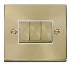 Satin Brass Light Switch - Triple 3 Gang 2 Way - White Interior