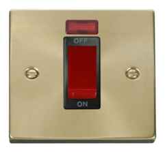 Satin Brass Cooker or Shower Isolator Switch 45A - Black Interior With Neon