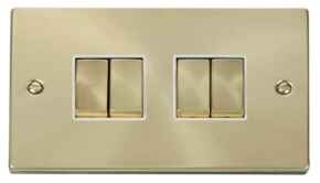Satin Brass Light Switch - Quad 4 Gang 2 Way - White Interior