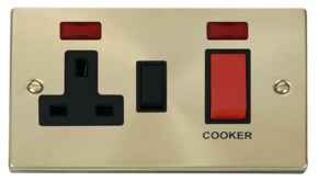 Satin Brass Cooker Switch & Socket 45A DP Neon - Black Interior With Neon