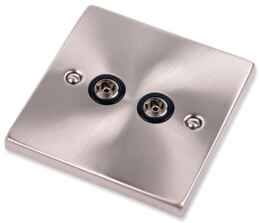 Satin Chrome Double TV Socket - Twin Co-ax Outlet - With Black Interior