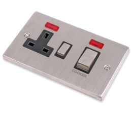 Stainless Steel 45A DP Cooker / Shower Switch Black Insert - With 13a Socket & Neon