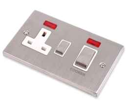Stainless Steel 45A DP Cooker / Shower Switch White Insert	 - With 13a Socket & Neon
