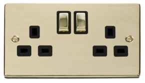 Polished Brass Double Socket -Ingot 2Gang Switched - With Black Interior