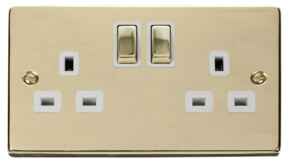 Polished Brass Double Socket -Ingot 2Gang Switched - With White Interior