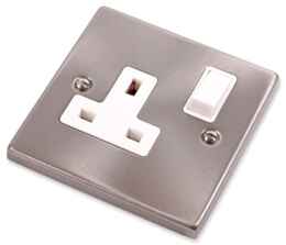 Satin Chrome Single Socket - 13A 1 Gang Switched - With White Interior