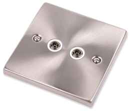Satin Chrome Double TV Socket - Twin Co-ax Outlet - With White Interior