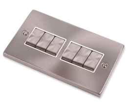 Satin Chrome Light Switch - 6 Gang 2 Way - With White Interior
