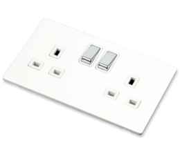 Screwless White & Chrome Double Socket - 2 Gang - 2 Gang Twin Switched