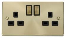 Satin Brass Double Socket 2 Gang Switched