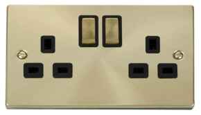 Satin Brass Double Socket 2 Gang Switched - Black Interior