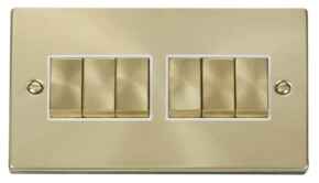 Satin Brass Light Switch - 6 Gang 2 Way - White Interior