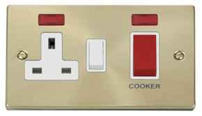 Satin Brass Cooker Switch & Socket 45A DP Neon - White Interior With Neon