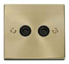 Satin Brass Double TV Socket - Twin Co-ax Outlet - Black Interior