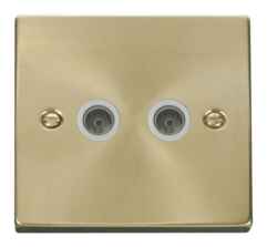 Satin Brass Double TV Socket - Twin Co-ax Outlet - With White Interior