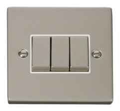 Pearl Nickel Light Switch - Triple 3 Gang 2 Way - With White Interior