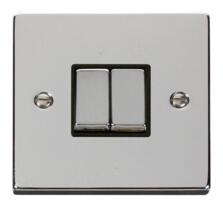 Polished Chrome Light Switch - Double 2 Gang Twin - With Black Interior