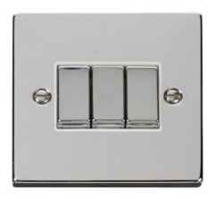 Polished Chrome Light Switch - Triple 3 Gang 2 Way - With White Interior