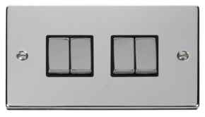 Polished Chrome Light Switch - Quad 4 Gang 2 Way - With Black Interior