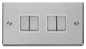 Polished Chrome Light Switch - Quad 4 Gang 2 Way - With White Interior