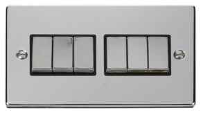 Polished Chrome Light Switch - 6 Gang 2 Way - With Black Interior