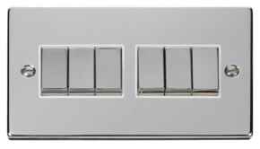 Polished Chrome Light Switch - 6 Gang 2 Way - With White Interior