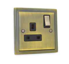 Stepped Antique Brass 13A Switched Plug Socket  - Single 1 Gang