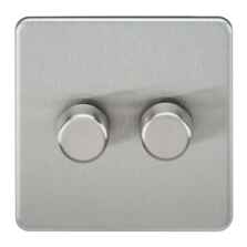 Screwless Brushed Chrome Dimmer Light Switch - Double 2 Gang 2 Way 10-200W LED (5W-150W)