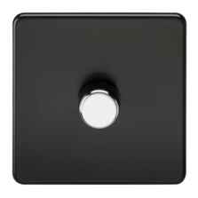 Screwless Matt Black Dimmer Light Switch With Chrome Dimmer Knobs - Single 1 Gang 2 Way 10-200W (LED 5W-150W)