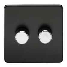 Screwless Matt Black Dimmer Light Switch With Chrome Dimmer Knobs - Double 2 Gang 2 Way 10-200W (LED 5W-150W)