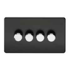 Screwless Matt Black Dimmer Light Switch With Chrome Dimmer Knobs - Quad 4 Gang 2 Way 10-200W (LED 5W-150W)