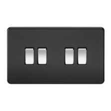 Screwless Matt Black Light Switch With Chrome Rocker Switches - Quad 4 Gang 2 Way