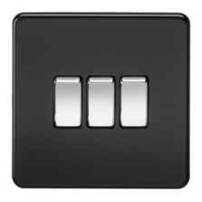 Screwless Matt Black Light Switch With Chrome Rocker Switches - Triple 3 Gang 2 Way
