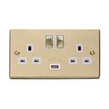 Polished Brass Double Socket -Ingot 2Gang Switched - White With 1 USB Charger Port