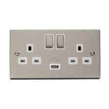 Pearl Nickel Double Socket Ingot 2Gang Switched - Double 2 Gang With USB - White