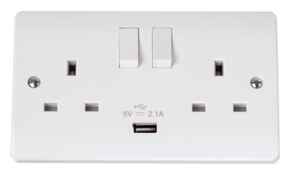 Mode Double Switched Socket 2 Gang & USB Charger - White 