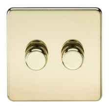 Screwless Polished Brass Dimmer Light Switch - Double 2 Gang 2 Way 10-200w (LED 5W-150W)