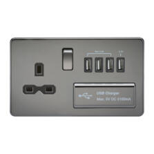 Screwless Black Nickel Single Switched Socket With Quad USB Charger
