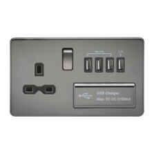 Screwless Black Nickel Single Switched Socket With Quad USB Charger - Black Nickel With Chrome Rocker